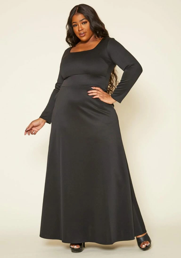 Plus Size Square Neckline Black Maxi Dress - 2425