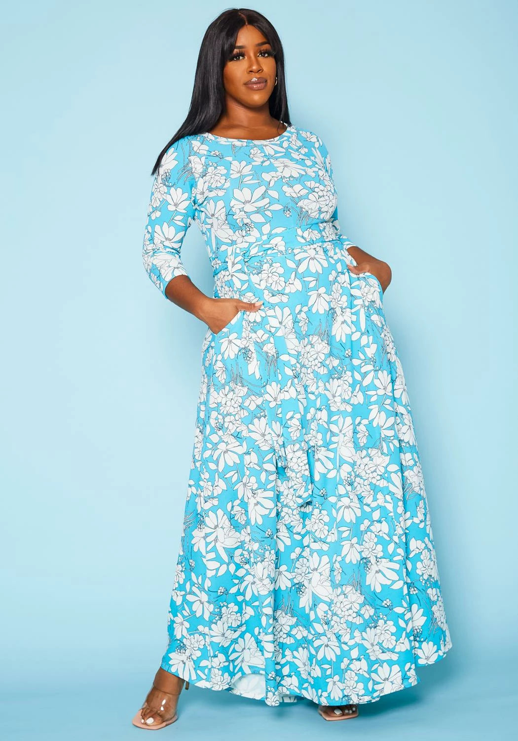 Plus Size Blue Floral Wrap Maxi Dress - 2702