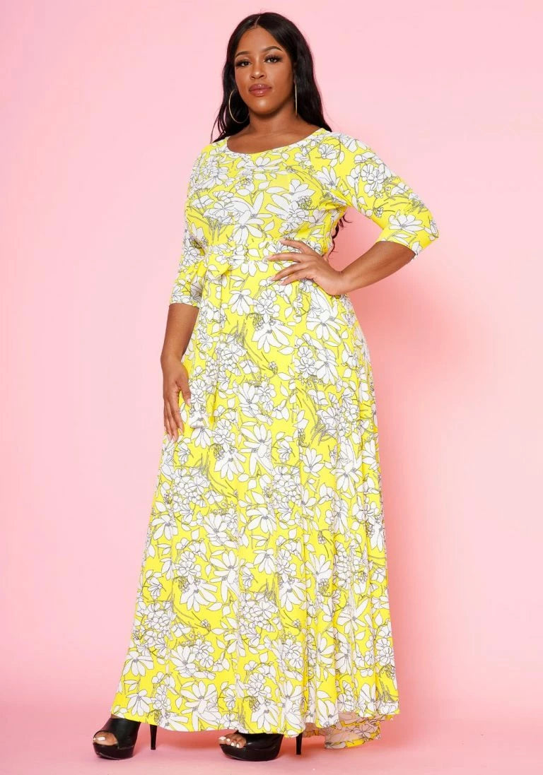 Plus Size Yellow Floral Wrap Maxi Dress - 2702