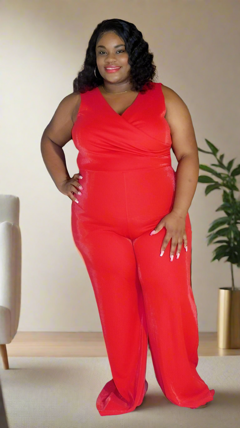 Plus Size Sleeveless Red Wide Leg Jumpsuit - IXB-1767EP