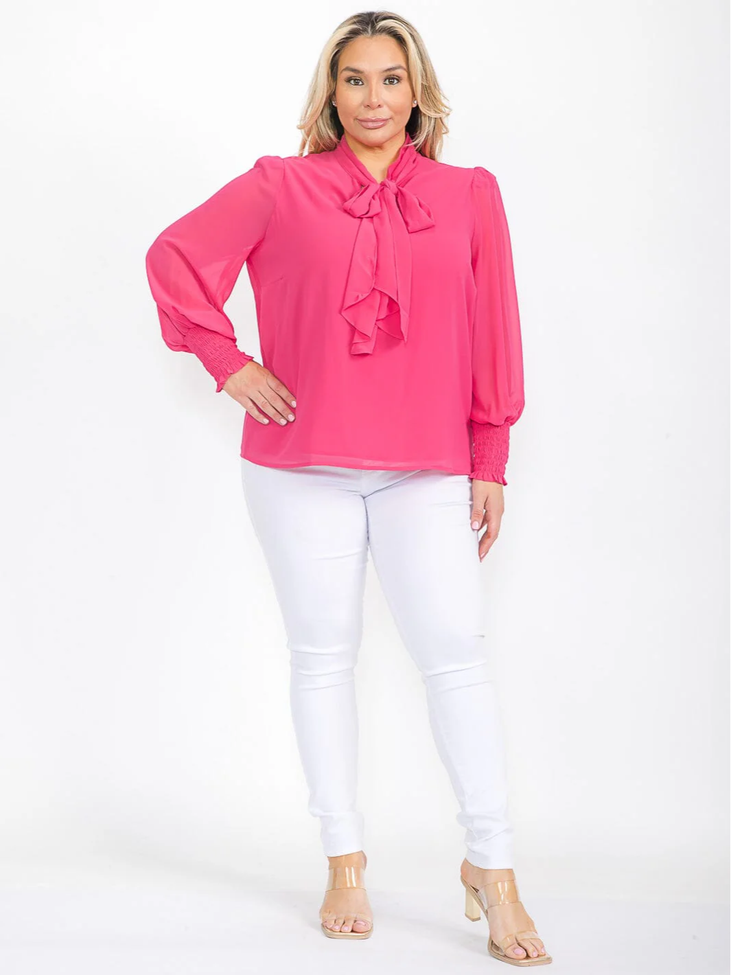 Plus Size Pink Long Sleeve Tie Neck Solid Blouse - STT16919SX