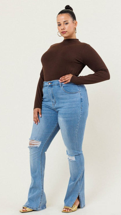 Plus Size Mid Rise Slim Distressed Boot Cut Jeans