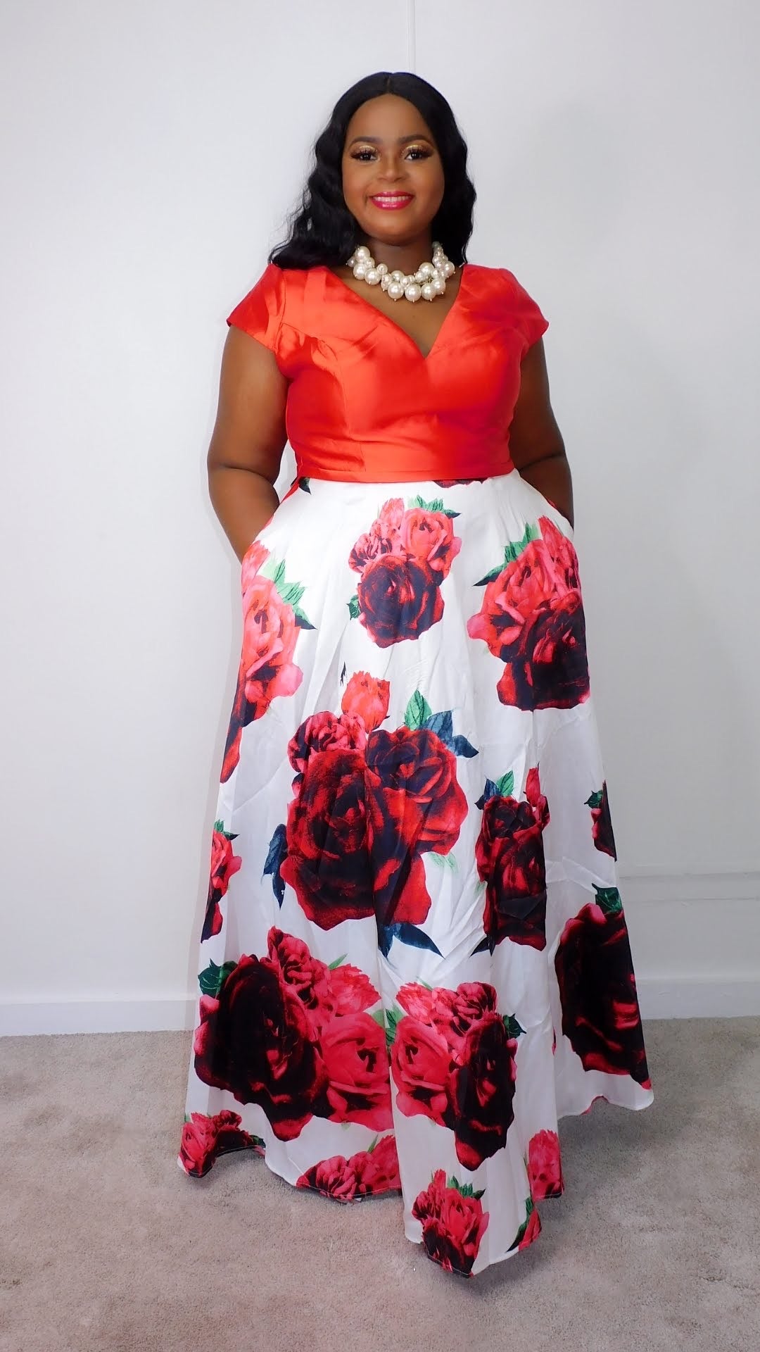 Plus Size Red Floral Maxi Dress - 1104