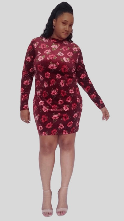 Plus Size Floral Long Sleeve Velvet Dress - 1111