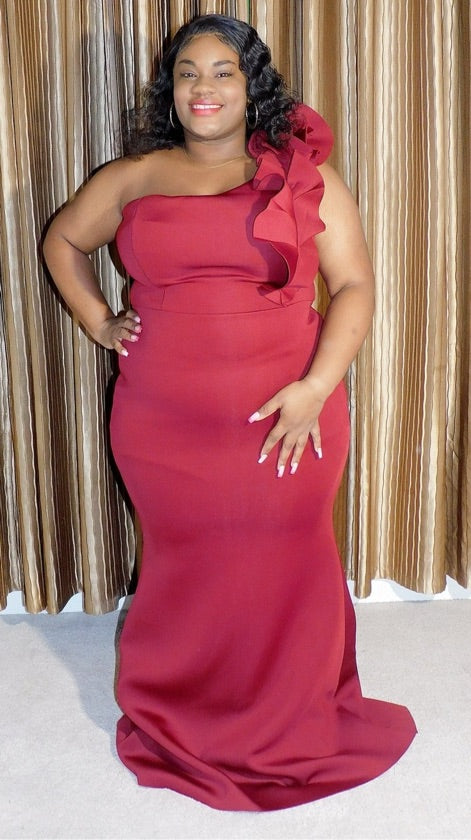 Burgundy Thick Mermaid Ruffle Dress - 1286