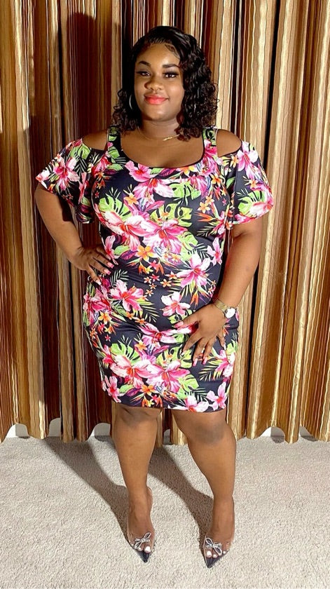 Plus Size Floral Print Cold Shoulder Dress - 1260