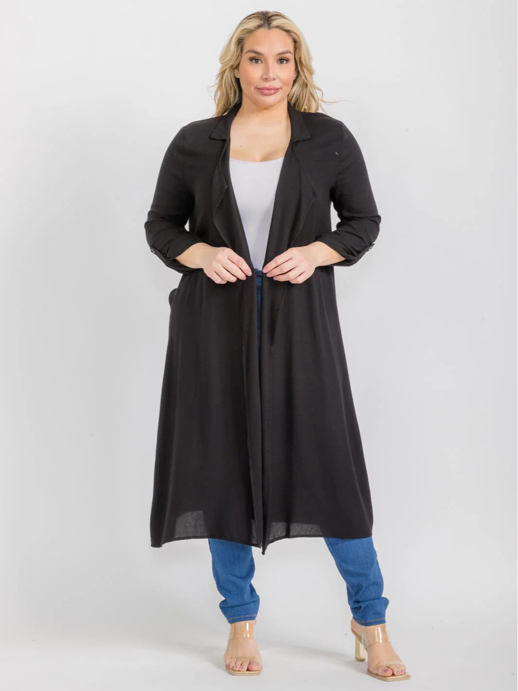 Plus Size Black Open Front Maxi Cardigan - ZB12675