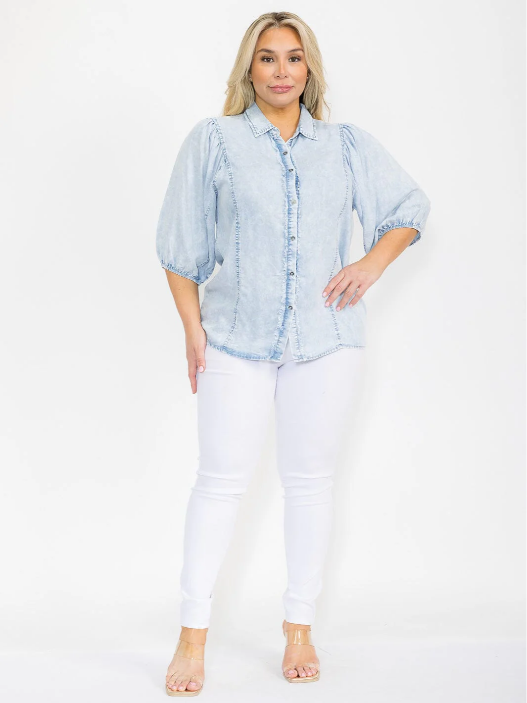Plus Size Puff Sleeve Button Up Chambray Denim Blouse - 15214TPL