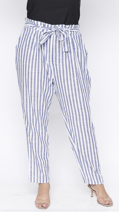 Plus Size Blue And White Striped Belted Long Pant