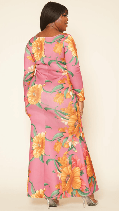 Plus Size Floral Pink Solid Mermaid Maxi Dress