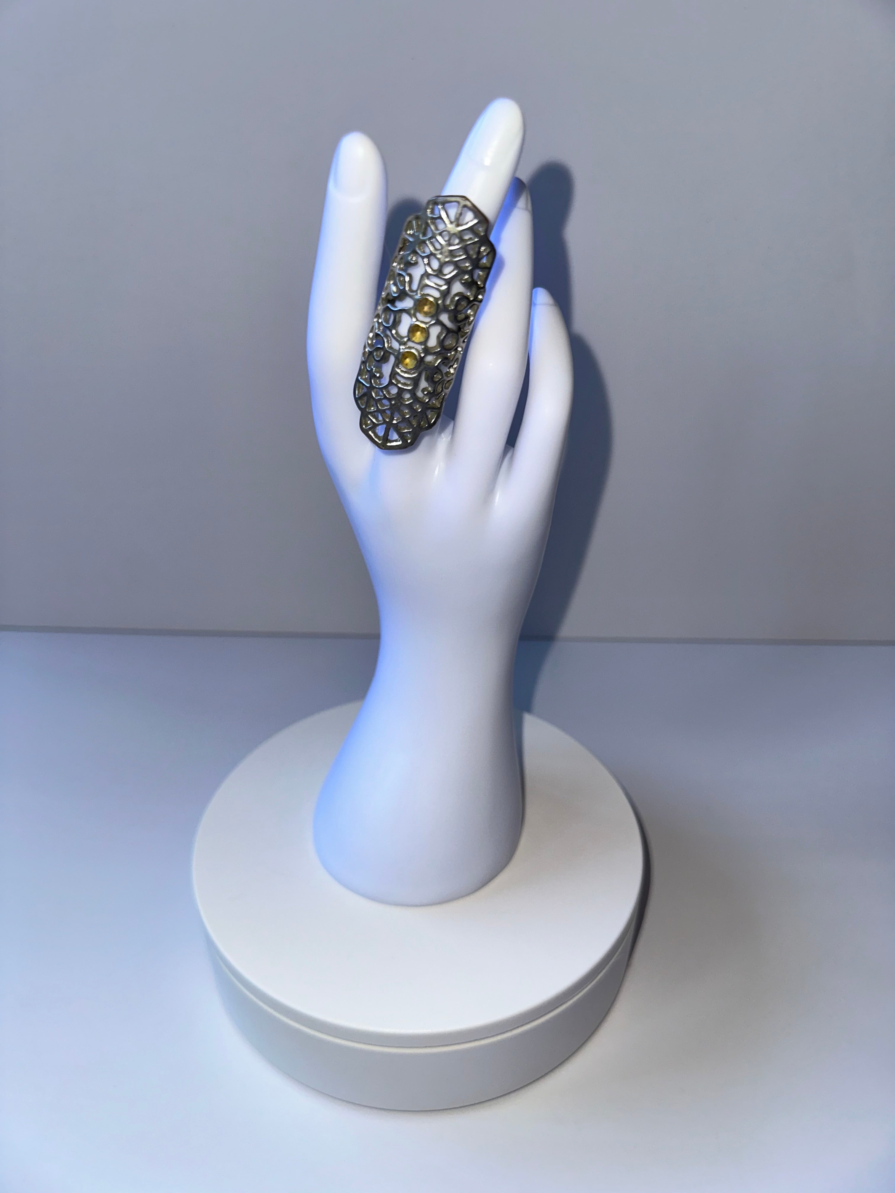 Stainless Steel Silver Long Hallow Diamond Ring - 1602