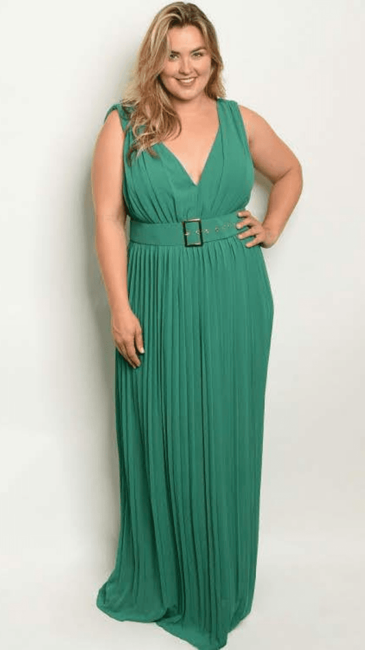 Plus Size Green Formal Pleated Belted Maxi Dress