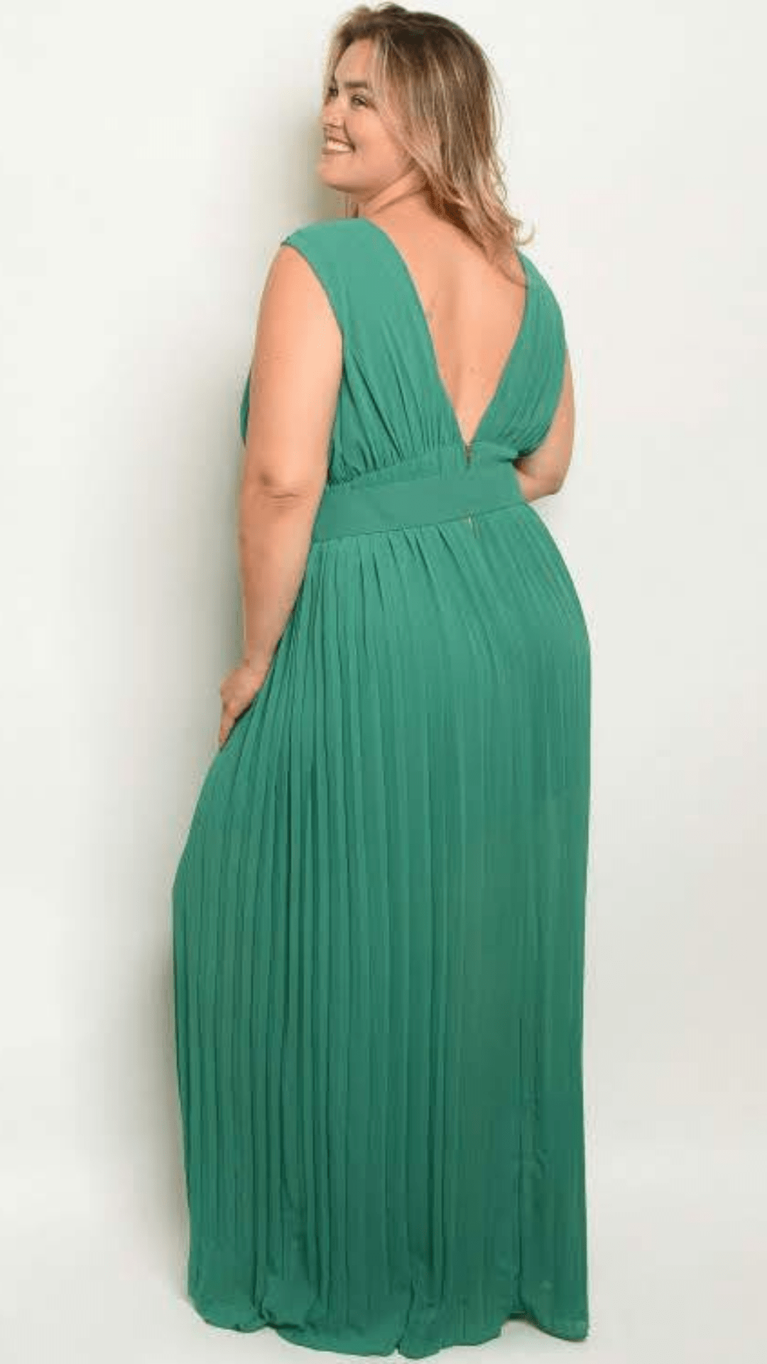 Plus Size Green Formal Pleated Belted Maxi Dress