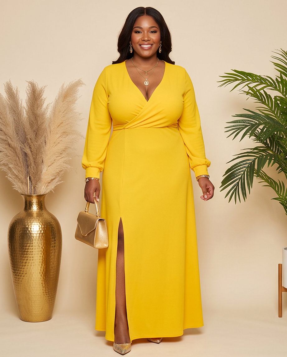 Plus Size Yellow Side Slit Maxi Dress