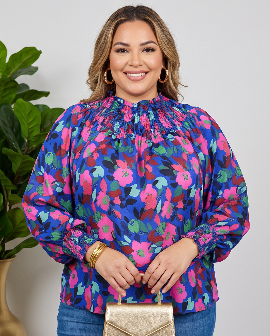 Plus Size Soiree Smocked Neck Top