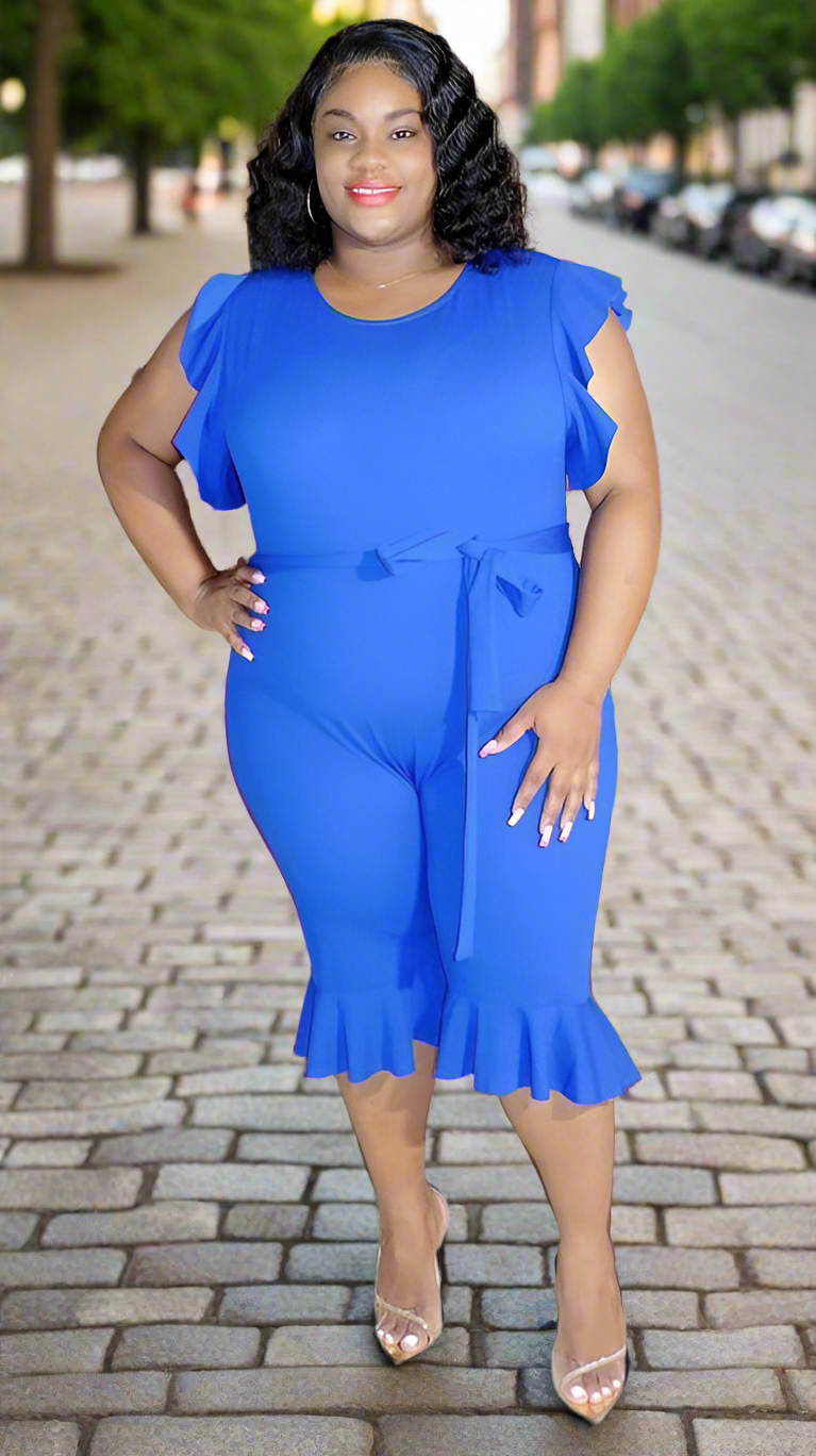Plus Size Royal Blue Ruffle Trim Jumpsuit - 2736
