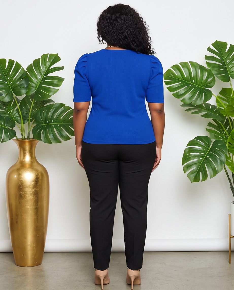 Plus Size Blue Gathered Sleeve Top