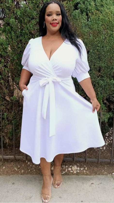 Plus Size White Belted Skater Dress - 1742