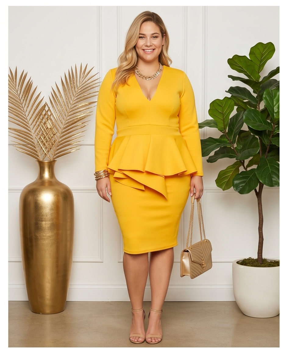 Plus Size Yellow Peplum Midi Dress