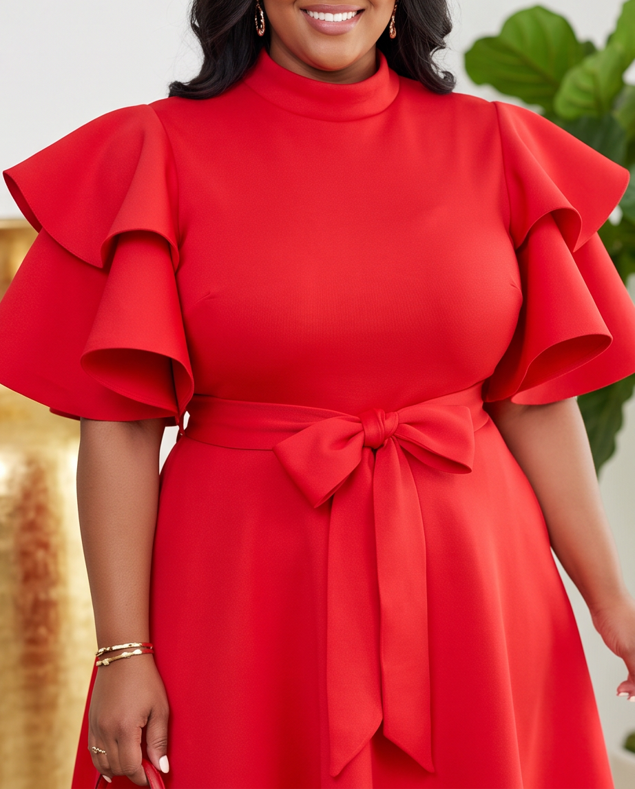 Plus Size Red Extravagant Sleeve Dress