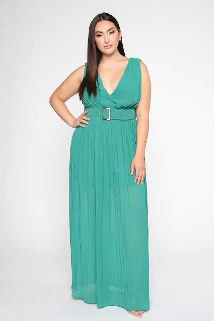 Plus Size Green Pleated Maxi Dress - MA9809