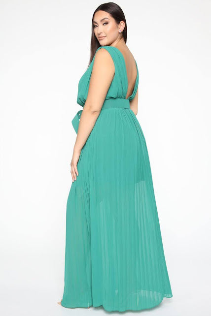 Plus Size Green Pleated Maxi Dress - MA9809