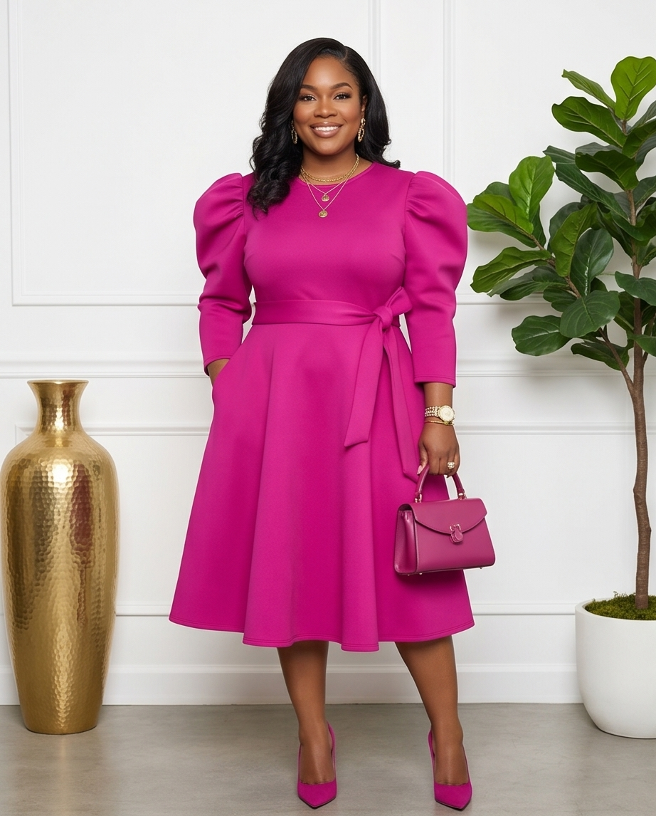 Plus Size Pink Long Sleeve Skater Dress