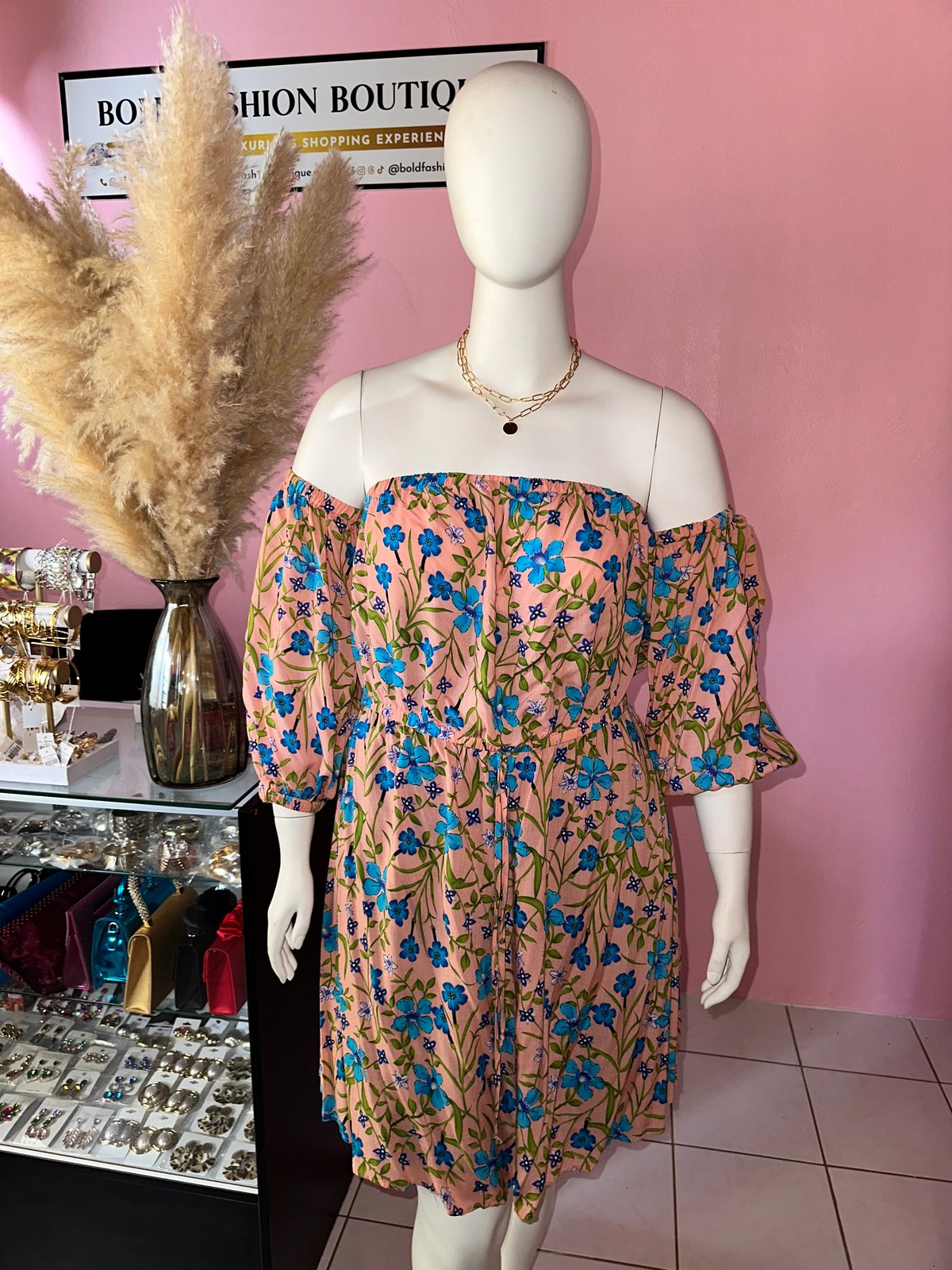 Plus Size Off Shoulder Mix Print Floral Dress - 107376