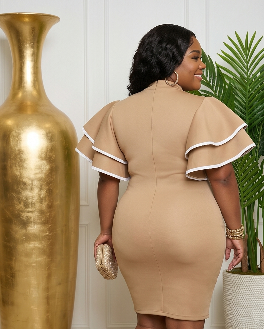 Plus Size Tan Bodycon Ruffle Dress
