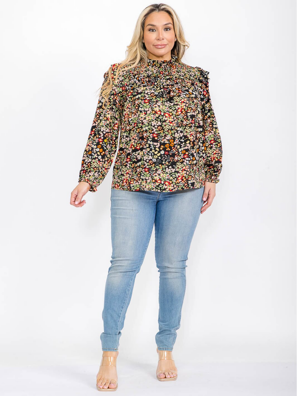Plus Size Long Sleeve Mock Neck Floral Smock Top - STT16195AAX