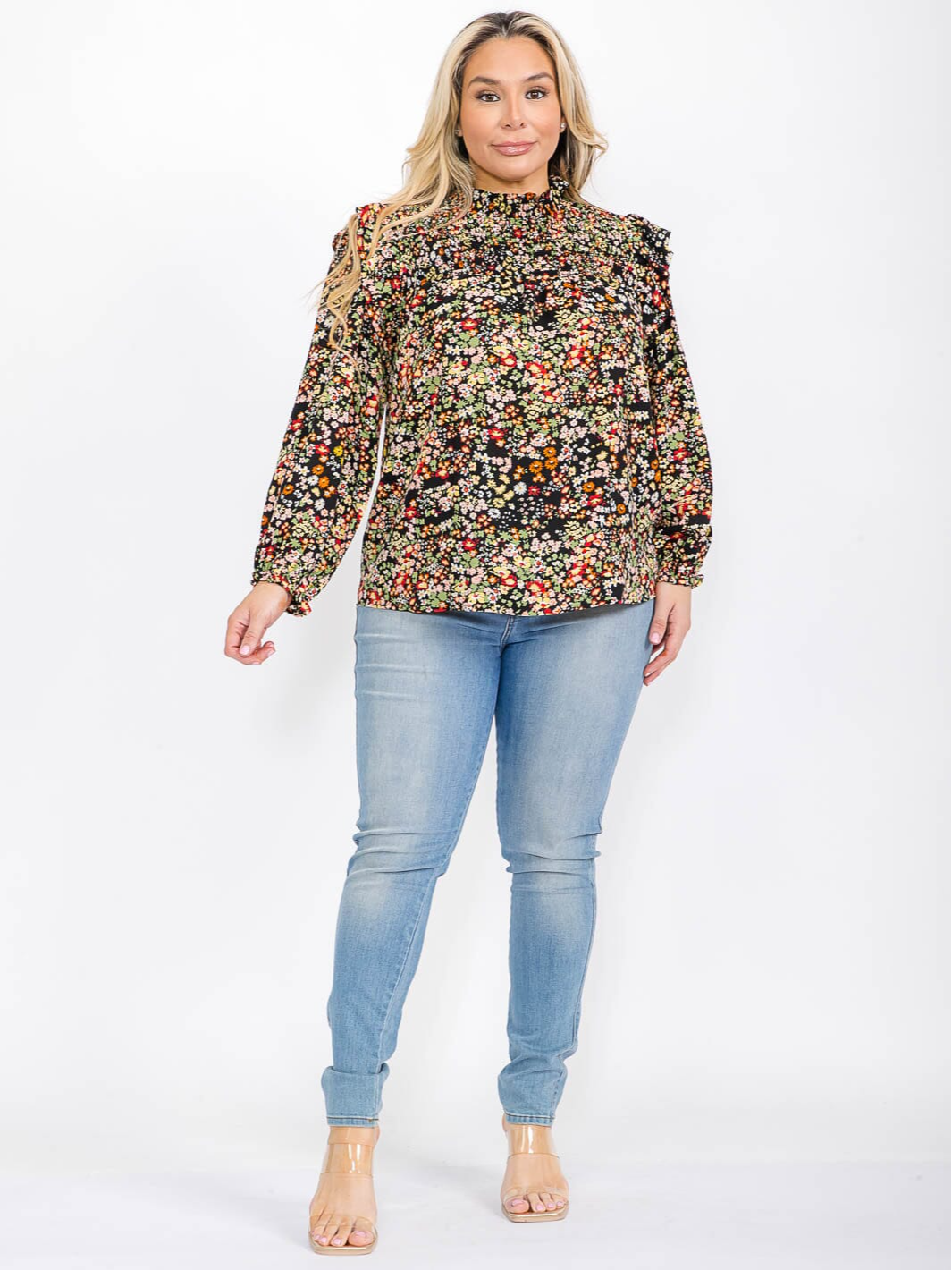 Plus Size Long Sleeve Mock Neck Floral Smock Top - STT16195AAX