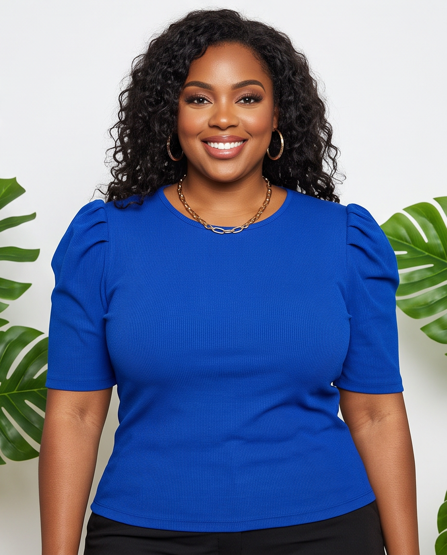 Plus Size Blue Gathered Sleeve Top