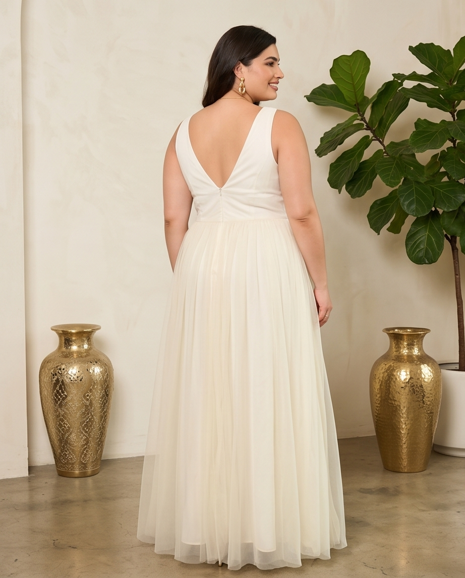 Plus Size Ivory Tulle Maxi Sheer Dress