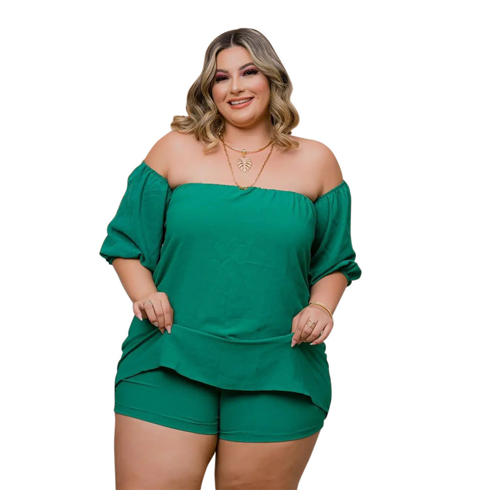 Plus Size Ladies Lace Up Comfort Stretch Shorts Two Piece Set