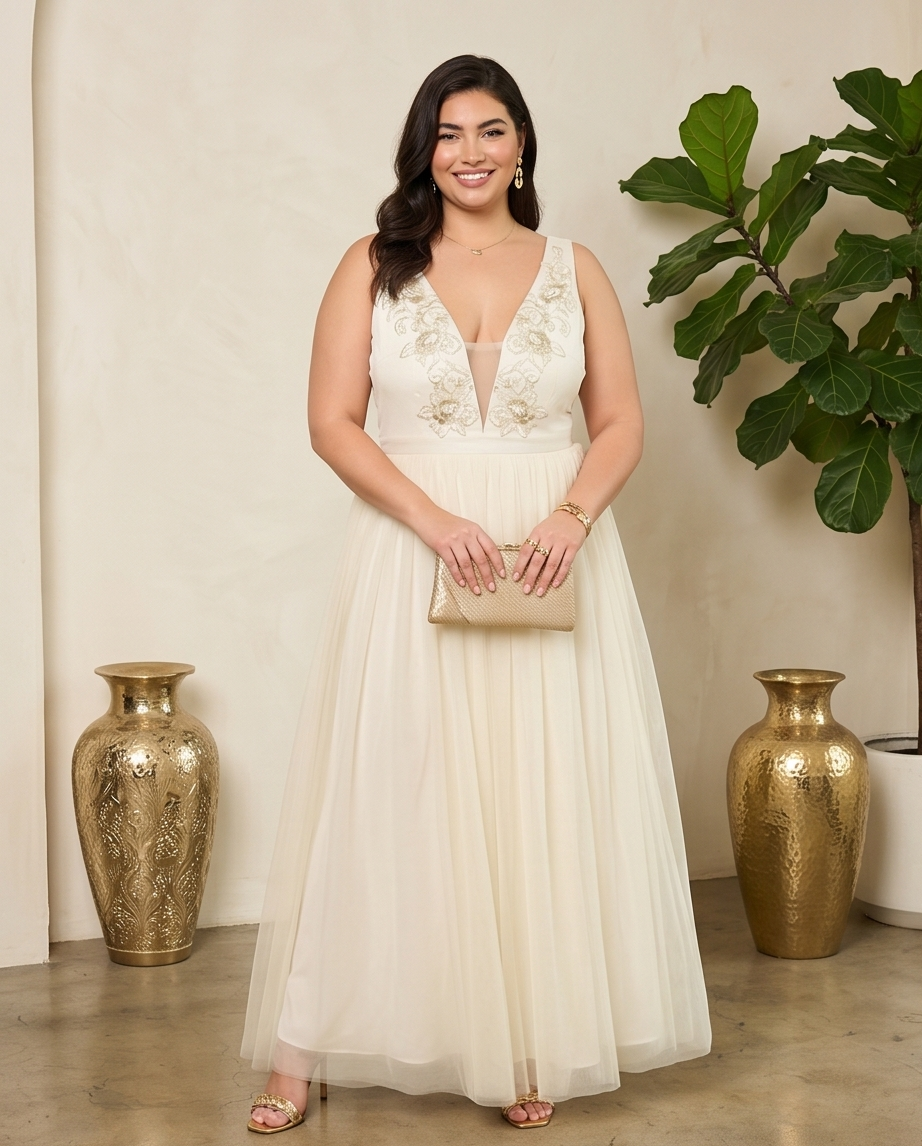 Plus Size Ivory Tulle Maxi Sheer Dress