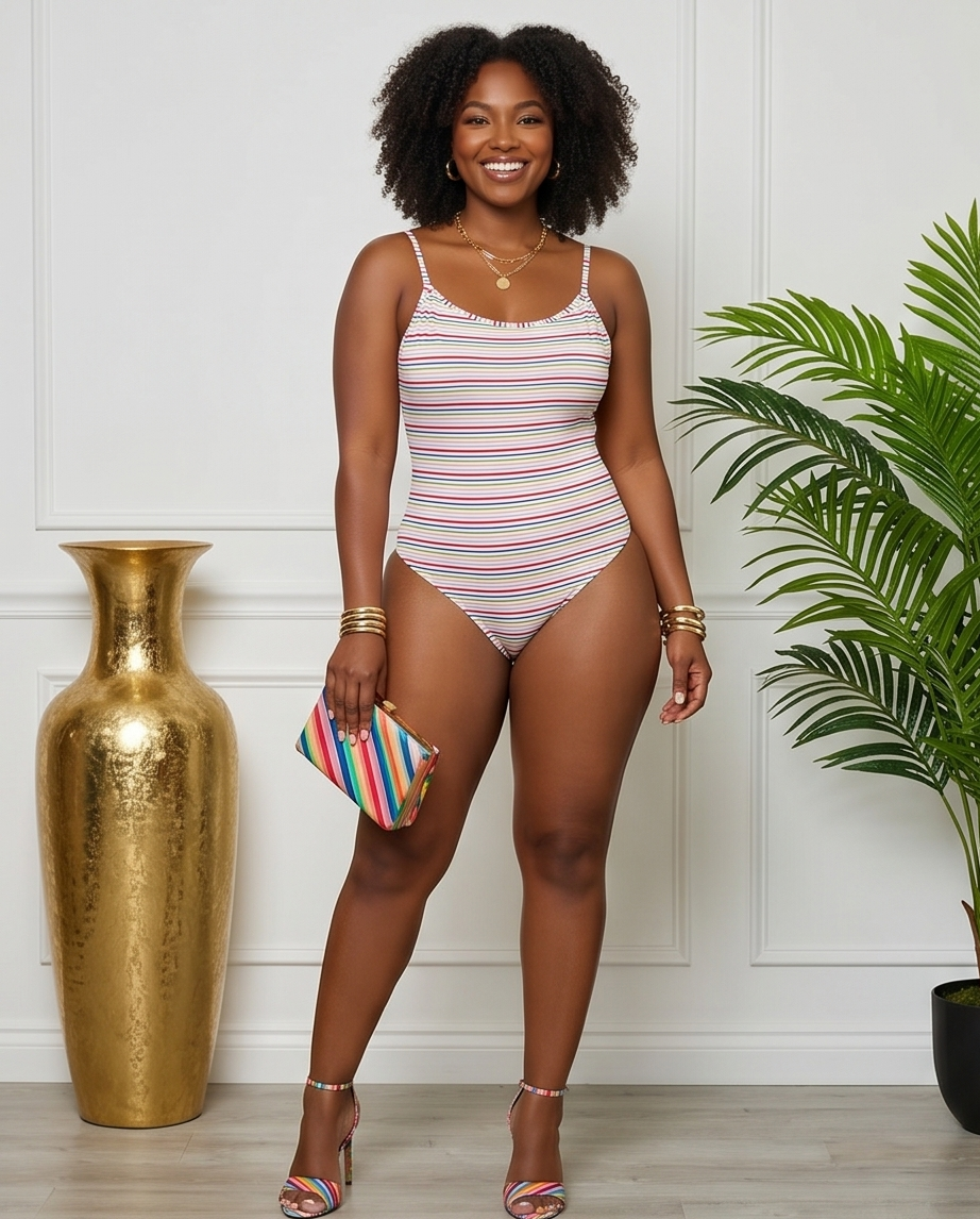 Plus Size Striped Bow Back Bodysuit