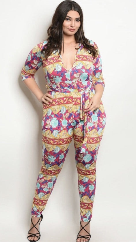 Plus Size Deep Plunge Belted Jumpsuit - J10330P-1