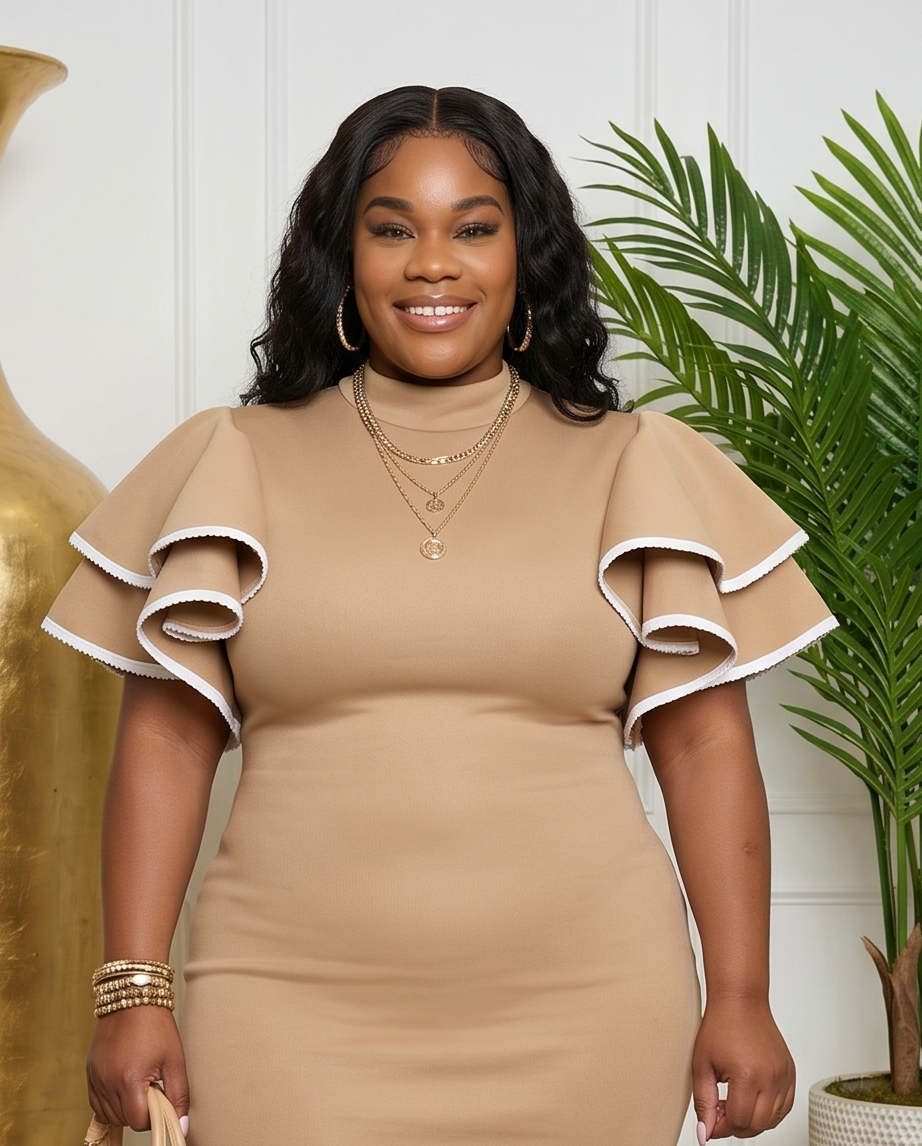 Plus Size Tan Bodycon Ruffle Dress