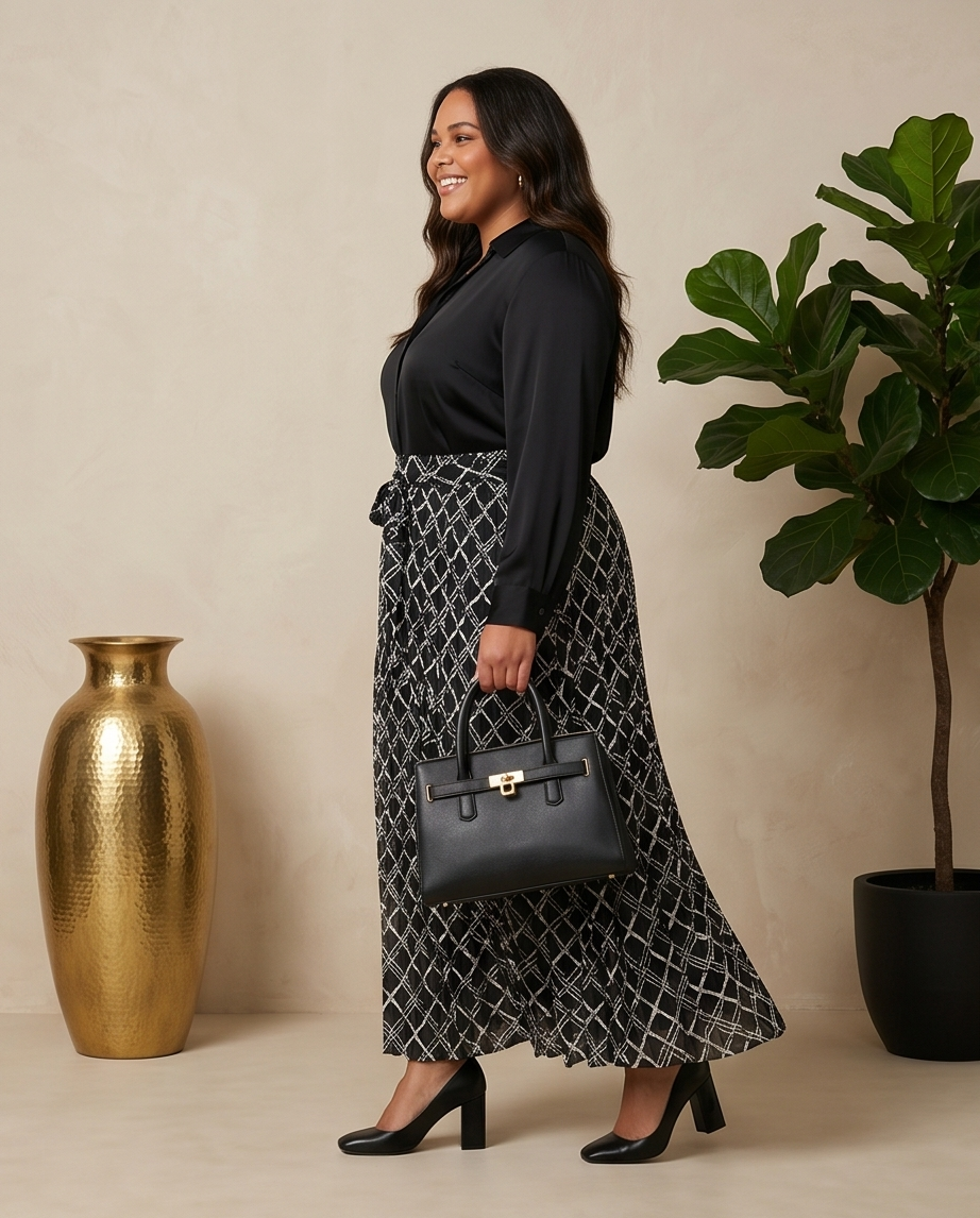 Plus Size Black Maxi Pleated Shirt