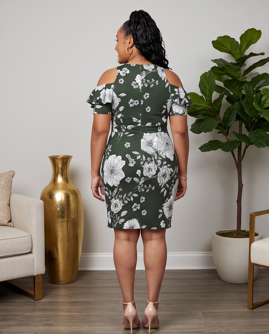 Plus Size Green Cold Shoulder Ruffle Dress