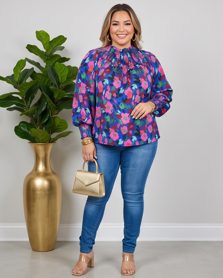 Plus Size Soiree Smocked Neck Top