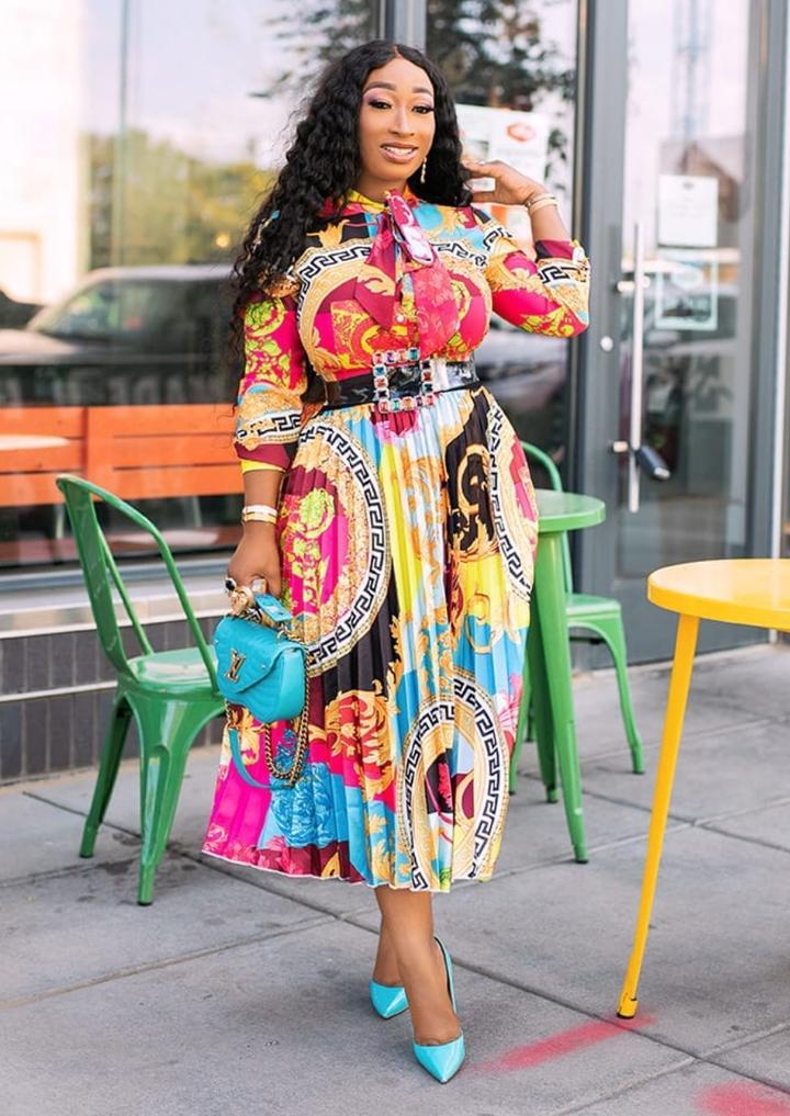 PrintedBow Tie Three-Quarter Sleeves Mid-Length Dress Plus Size Women's Clothing
