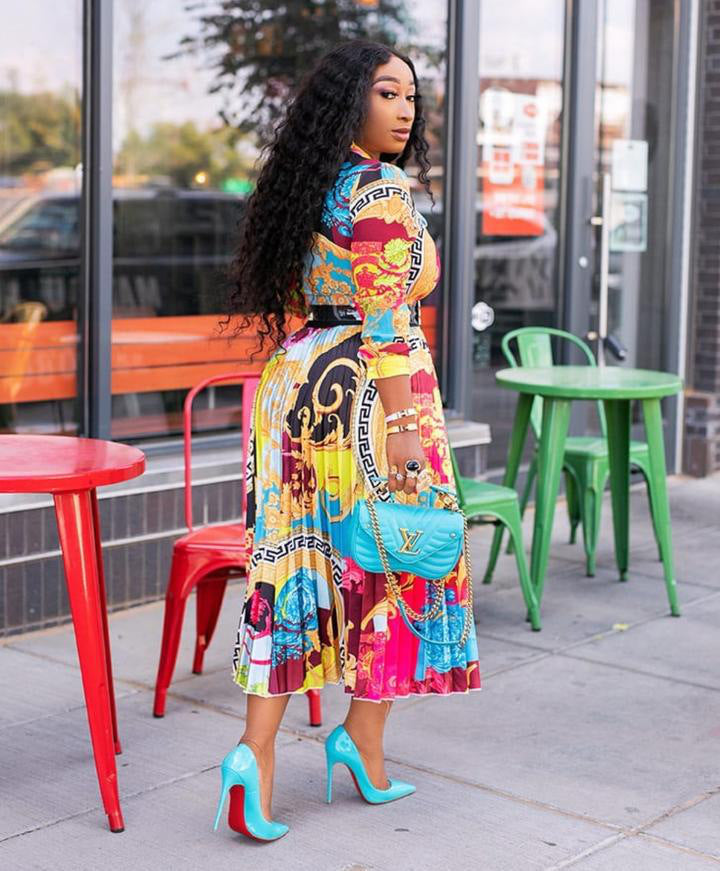 PrintedBow Tie Three-Quarter Sleeves Mid-Length Dress Plus Size Women's Clothing