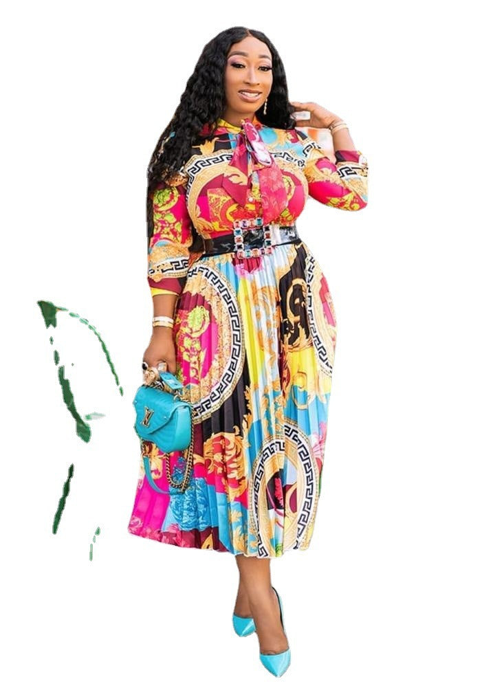 PrintedBow Tie Three-Quarter Sleeves Mid-Length Dress Plus Size Women's Clothing