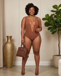 Plus Size Brown Mesh Design Bodysuit