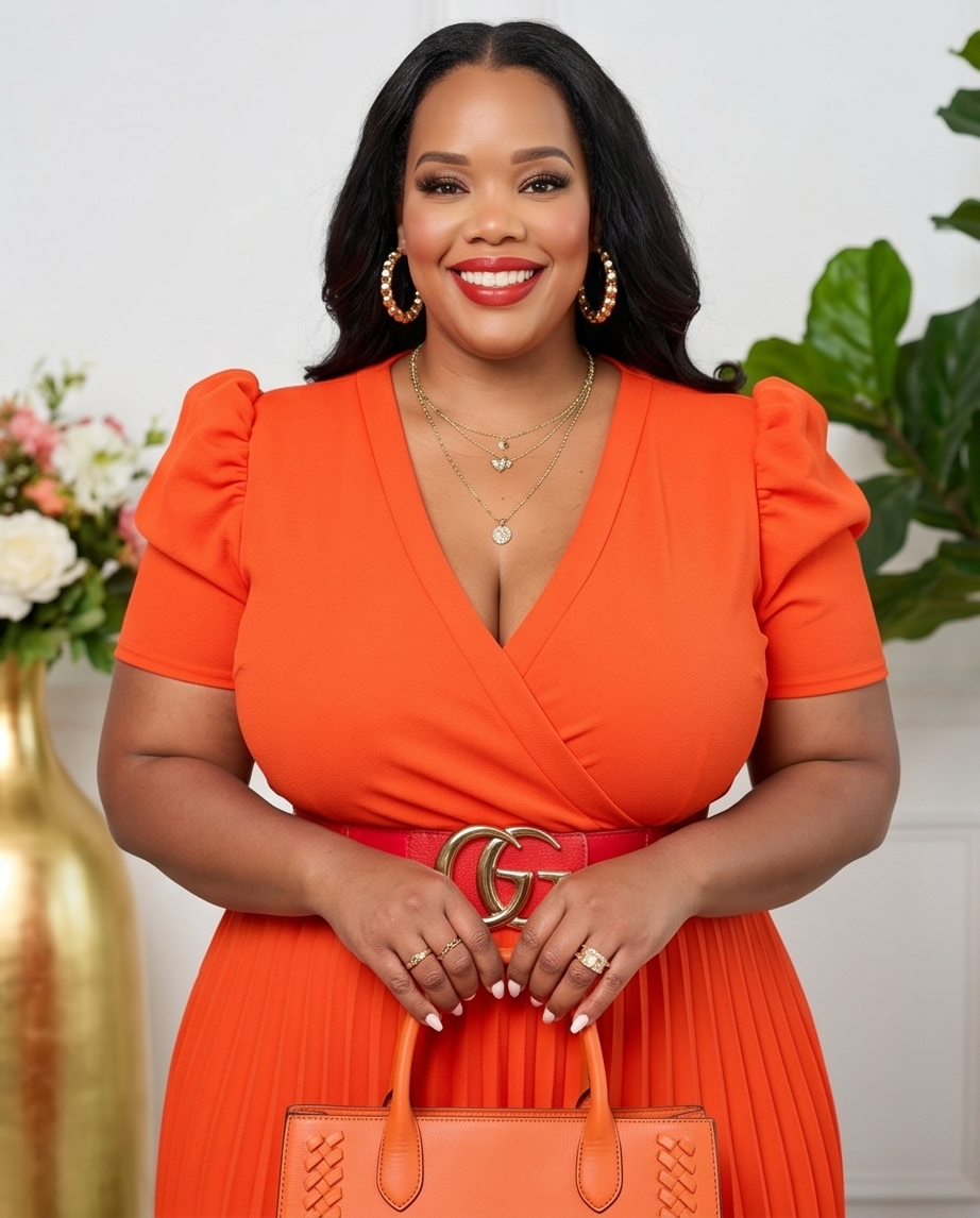 Plus Size Orange Pleated Midi Dress