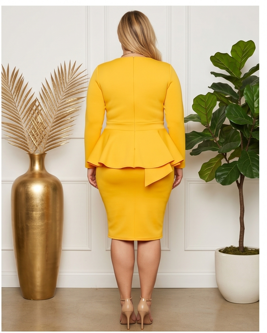 Plus Size Yellow Peplum Midi Dress