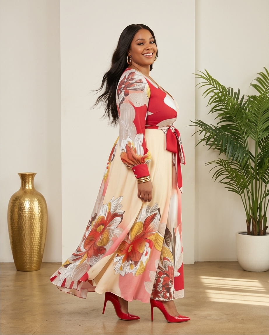 Plus Size Scarf Print Flowy Maxi Dress