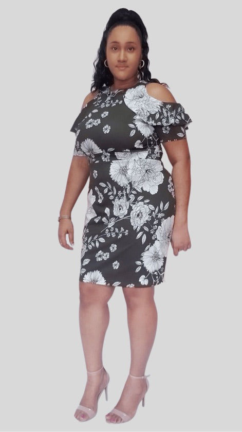Plus Size Cold Shoulder Gray Floral Dress - 1115