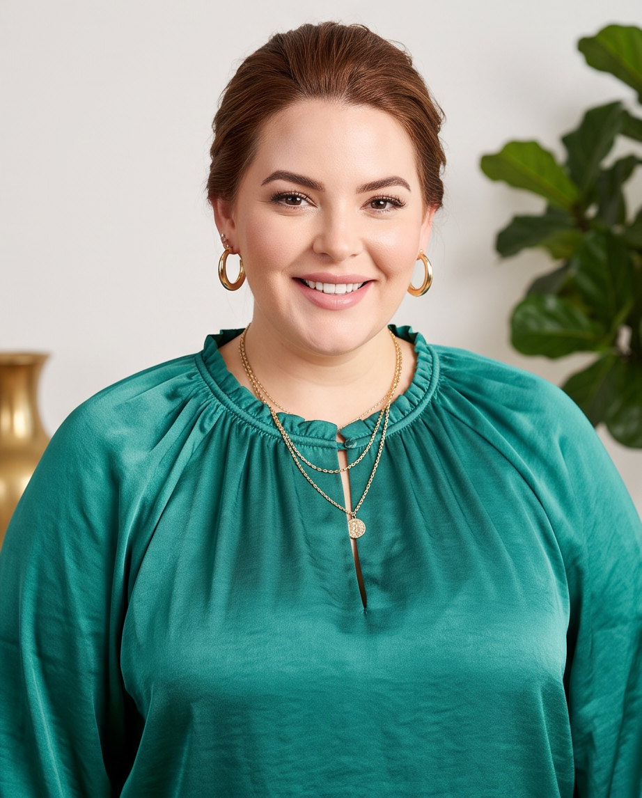 Plus Size Emerald Green Silk Long Sleeve Top